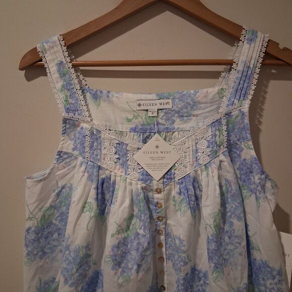 NWT Eileen West Nightgown Ballet Lace Trim Sleeveless Cotton Woven Blue Floral S - Picture 4 of 10
